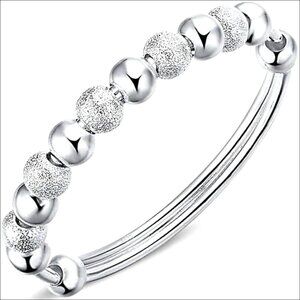 Adjustable Sterling Silver Cuff Bracelet for Women, 925 Silver Beads